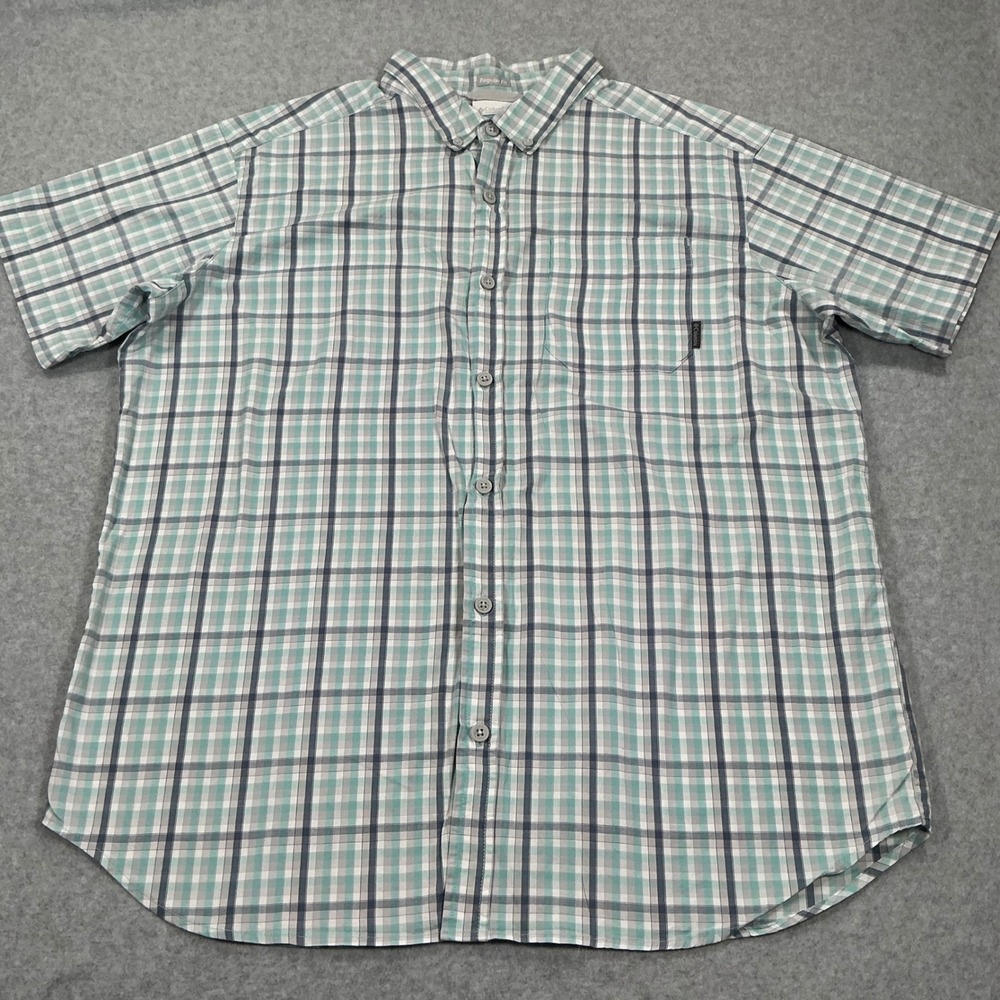 Columbia Mens XL Plaid Short Sleeve Button Down Shirt Teal Grey AM9132 Regular